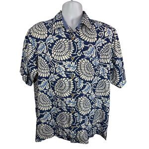 Tommy Bahama Shirt Mens Medium Blue White Floral Button Down Cotton Silk